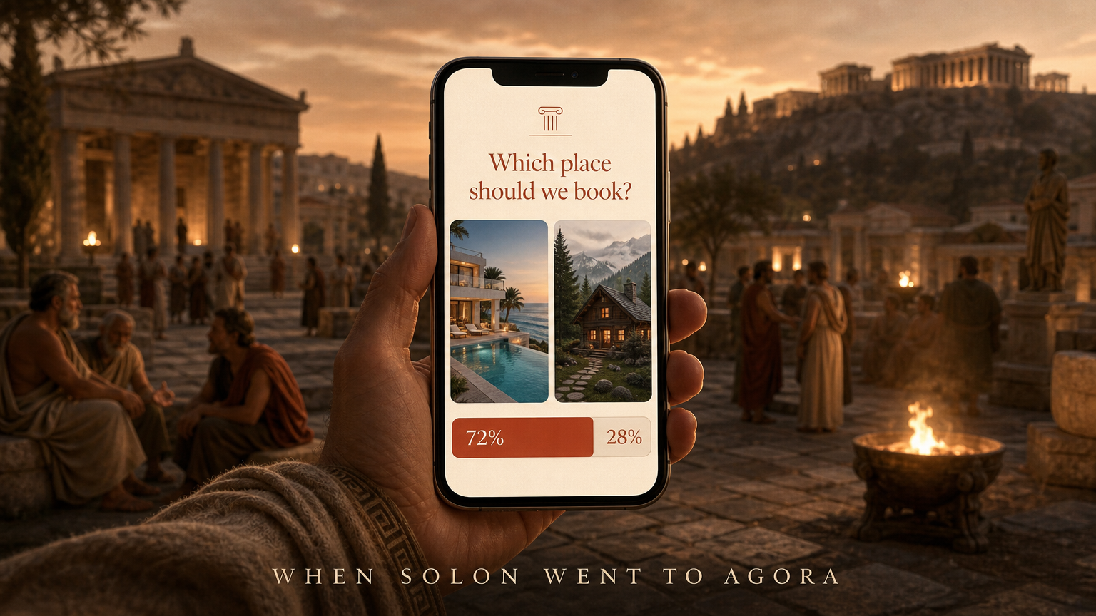 An Agolon Ask on a phone — “Which place should we book?” with two travel options and the crowd's answer revealed.